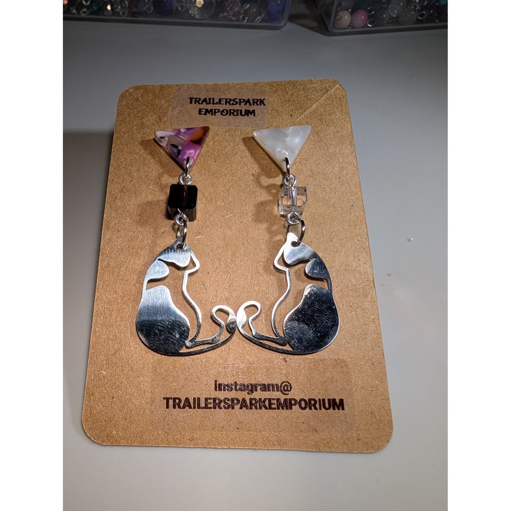 Trailerspark Emporium Stainless Steel Cat Charm Earrings Nickel Free Mismatched